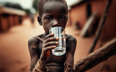 Obraz premium A skinny, black African boy is drinking clean water. poor rural village background