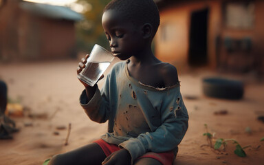 A skinny, black African boy is drinking clean water. poor rural village background