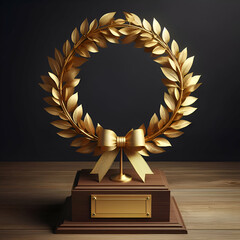 Gold Laurel Wreath with Ribbon on the Woden Table