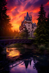 Fototapeta na wymiar A Scene of Majesty: Sunset over a European Medieval Castle Reflected on a Serene Lake