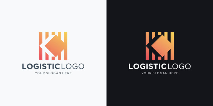 simple of logistics logo with square concept and arrow in negative space shape design.