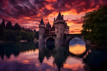 Photo sur Plexiglas Tower Bridge A Scene of Majesty: Sunset over a European Medieval Castle Reflected on a Serene Lake