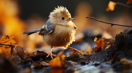 Un petit oiseau échappe à l'hiver en suivant une feuille tombante, découvrant un monde où chaque saison danse harmonieusement avec la suivante. - obrazy, fototapety, plakaty