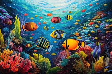 Fototapeta na wymiar Underwater scene with coral reef and tropical fishes. Vector illustration.