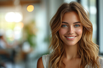 Obraz premium smiling young woman, in a stylish yet professional outfit, extends her hand in gratitude to accept a job offer