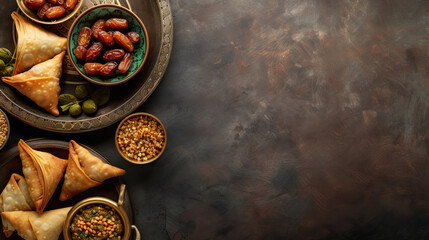 top view, flat lay, Dates, Samosas, Haleem, Baklava, Qatayef, Fattoush for Ramadan background with copy spapce - AI Generated