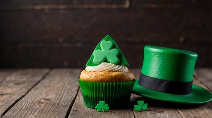 Delicious decorated cupcake decorated with St Patrick Shamrock green hat on wooden table, space. St. Patrick's Day celebration created with generative ai