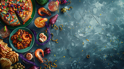 top view Festive dishes for Mardi Gras meal and other treats for holiday party - AI Generated