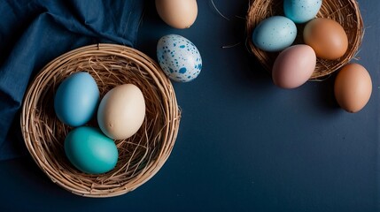 Easter banner with painted eggs and napkin on dark blue background. Top view, flat lay with copy space for banners created with generative ai