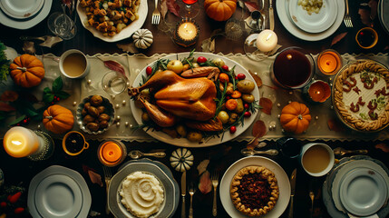 Delicious Thanksgiving turkey dinner. Top view table scene on a wood banner background. Roast turkey, Stuffing/dressing, Cranberry sauce, Mashed potatoes, Gravy Pumpkin, pie - AI Generated