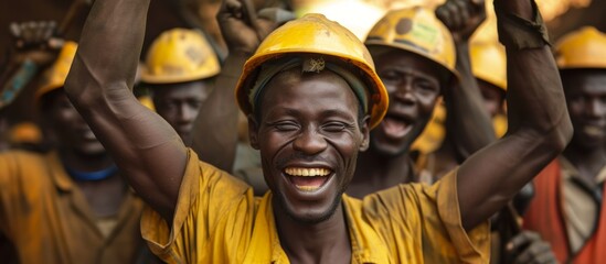 African mine workers unite cheerfully, forming a brotherhood. - obrazy, fototapety, plakaty