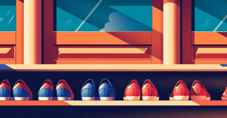 Illustration in retro style. Shoes or sneakers in a row