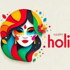 Happy Holi typography and woman's face with Holi day with different colors on the face, in Vector Illustration with Background with space created with generative ai