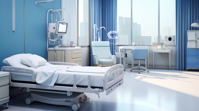 Interior of a hospital room with bed and medical equipment