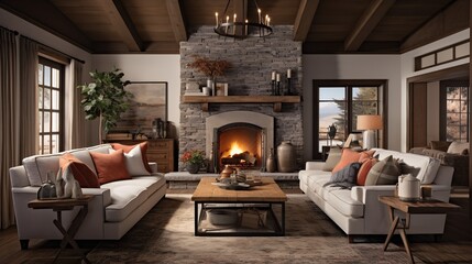 Rustic Elegance: Country Living Room with Warm Woods and Cozy Fireplace