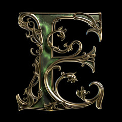 Letter E detailed Art Nouveau sculpture icon on black background