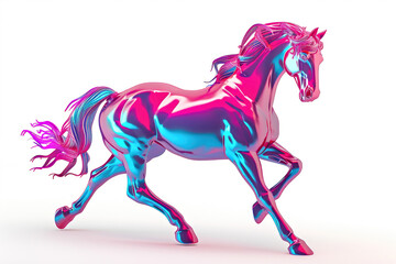 A shiny horse is galloping on a white surface.