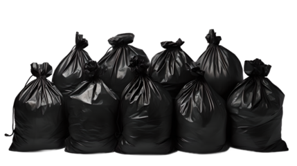 black garbage bags on the ground on transparent background