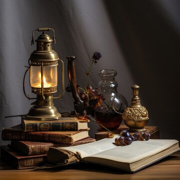 still life photography with a lamp, a pen, a lantern