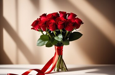A bouquet of red roses is tied with a red ribbon, in a transparent vase, on a light background, opposite the window. Gift, Romance, Love, Relationship