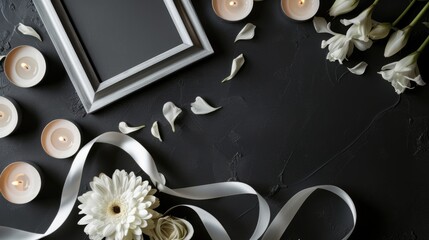 A black table topped with white flowers and candles. Condolence funeral card with copy-space.