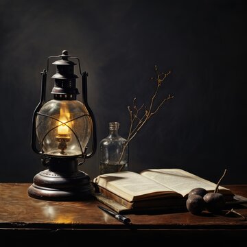 still life photography with a lamp, a pen, a lantern