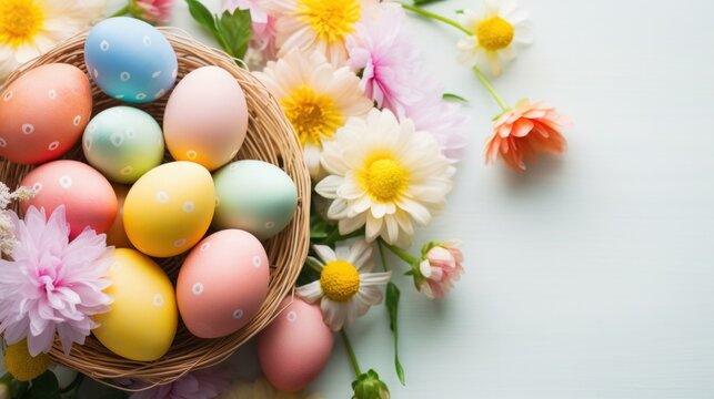 Easter eggs in basket with flowers on white background. Generative AI.