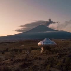UFO next to a volcano with smoke