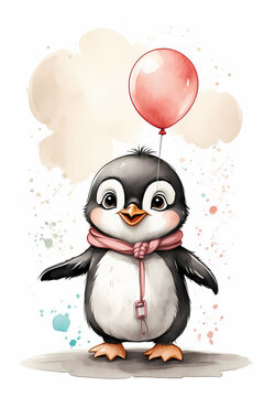 cute illustration. Cute watercolor penguin with balloons, generative ai