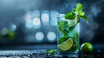 A refreshing mojito cocktail served in a tall glass, garnished with a sprig of fresh mint and a slice of lime