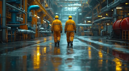 Amid the deafening sound of construction and the cold rain pouring outside, two determined workers clad in yellow hard hats march through the factory, their boots firmly planted on the ground as they - obrazy, fototapety, plakaty