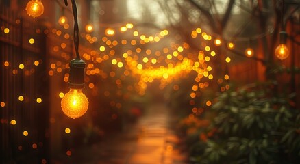The warm amber glow of a single light bulb suspended from a string of outdoor lanterns illuminates the quiet street on a peaceful night