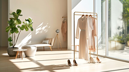 A modern woman's boutique retail store in minimalist interior with a fashionable clothing. Showroom with luxury designer dress. Concept of quiet luxury and conscious consumption. Sun light background