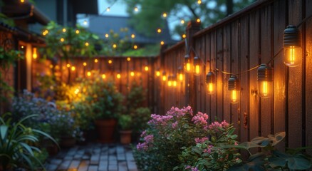 Fototapeta na wymiar A charming garden oasis, illuminated by a string of lights and adorned with vibrant flowers and lush plants, encircled by a sturdy fence, creating a cozy and inviting atmosphere for the house