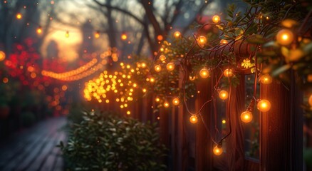 A festive glow envelops the tree as amber lights dance along the fence, illuminating the outdoor...