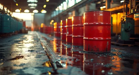 Foto op Aluminium A cluster of fiery red barrels illuminate the dark warehouse, casting a warm glow on the damp ground as the city streets outside bustle with life under the cover of night © familymedia