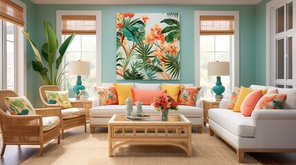 Fototapeta na wymiar Lush Tropical Oasis: Vibrant Living Room with Exotic Flair and Greenery