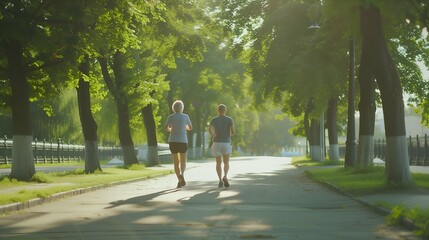 A couple of men and women jogging on a sunny morning along an alley in a park, rear view