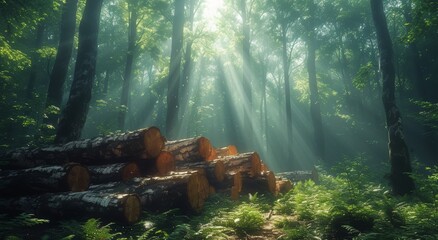 Amidst the dense fog of an oldgrowth forest, a grove of trees stand tall, creating a stunning...