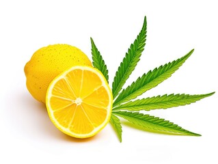 A lemon and a marijuana leaf on a white surface.