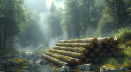 A misty morning in the forest, where a stack of logs stands tall among the trees, reflecting in the...