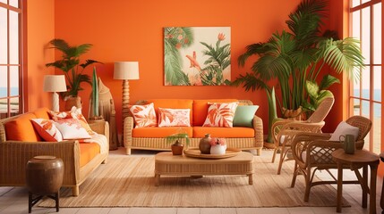 Lush Tropical Oasis: Vibrant Living Room with Exotic Flair and Greenery