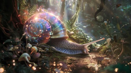 Obraz na płótnie Canvas A snail with a radiant cosmic shell on a mossy forest floor sparkling with magical light