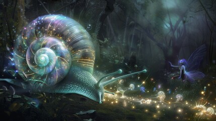 Enigmatic snail with cosmic shell in an enchanting forest with ethereal butterflies