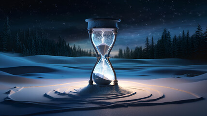 "Frozen Eternity: A Breathtaking Digital Artwork of an Hourglass Sculpted from Glistening Ice, Frozen in Time Against a Wintry Landscape Bathed in Ethereal Moonlight, Evoking a Serene and Magical Atmo