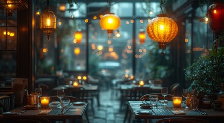 Obraz na płótnie Canvas A cozy restaurant in the heart of the city, adorned with elegant furniture and warm lighting from flickering candles and light fixtures, offering indoor and outdoor dining options on a bustling stree