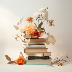 creative composition with books and flower on wihte background