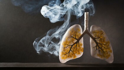Dangerous lifestyle of bad habits creates sad reality of smokey lungs on very dark background