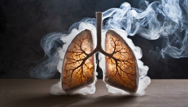 Dangerous lifestyle of bad habits creates sad reality of smokey lungs on very dark background