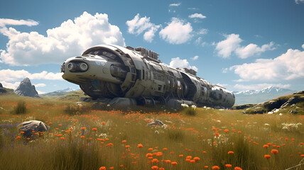 "Forgotten Odyssey: A 3D Digital Illustration of an Abandoned Spaceship Nestled in a Verdant Field, Surrounded by Towering Grass and Wildflowers, Against the Backdrop of an Otherworldly Sky, Highlight